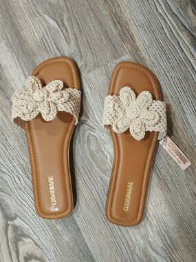 Flat Square Toe Sandals with Woven Flower Detail and Memory Foam Insoles